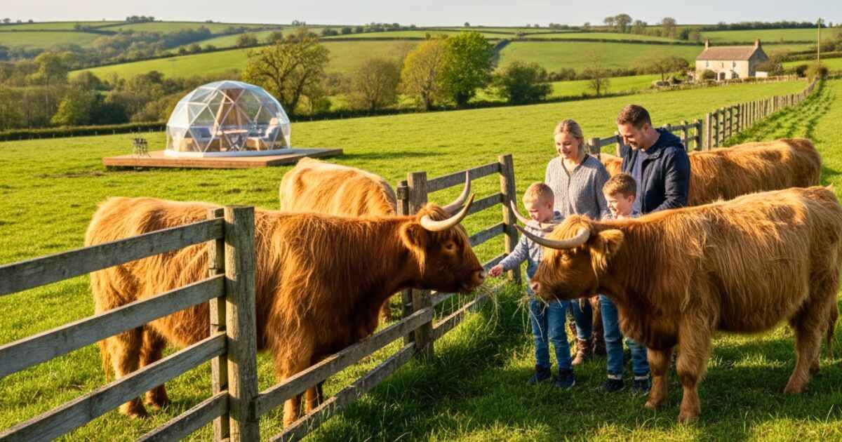 Highland Cow Cottage farm with cows, family visitors, and afternoon tea igloo in countryside.