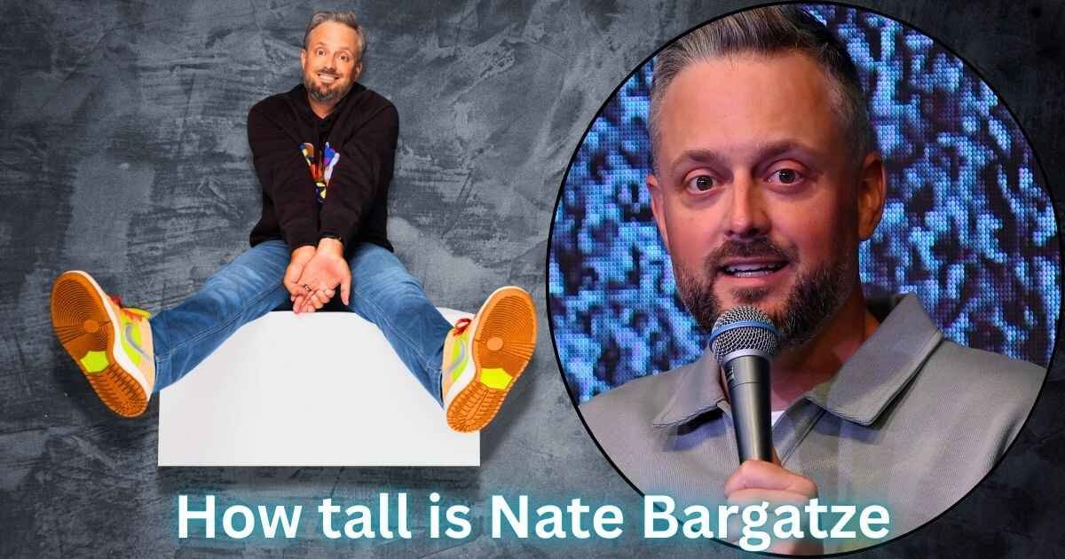 Nate Bargatze sit on box with open legs with heading 'How Tall Is Nate Bargatze' and circle fram Nate Bargatze is holding mic.