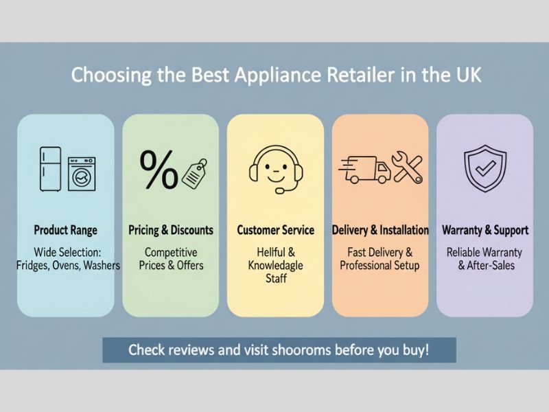Appliance City: Choosing the Best Appliance Retailer in the UK 2 Infographic showing how to choose the best appliance retailer in the UK with tips on product range, pricing, customer service, and warranty.
