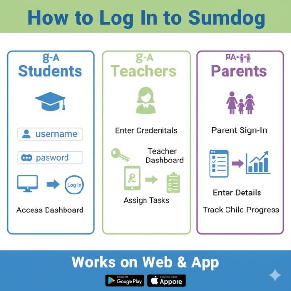 Sumdog Login Guide: Safe Access, Common Issues & Fixes 2 Infographic showing Sumdog login steps for students, teachers, and parents with icons and simple instructions.