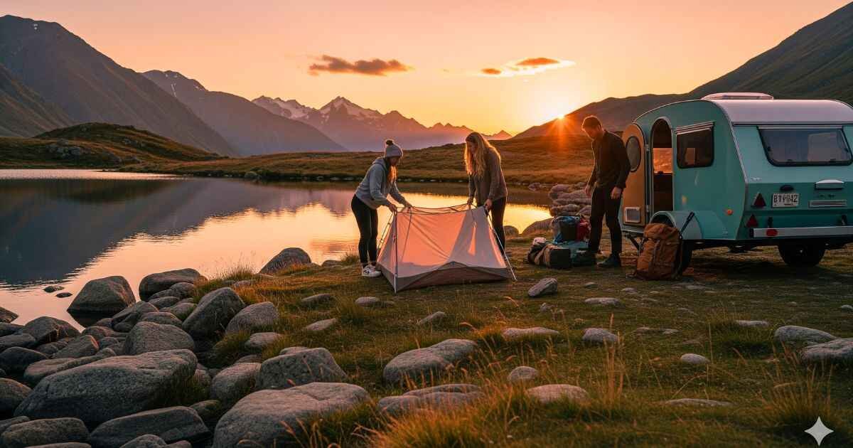 Weekend adventure getaway with backpack, caravan, and scenic mountain view for turning weekend trips into real adventures