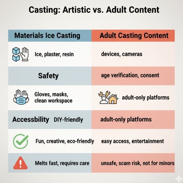 Infographic showing differences between artistic ice casting and adult casting content, highlighting materials, safety, pros, and cons.