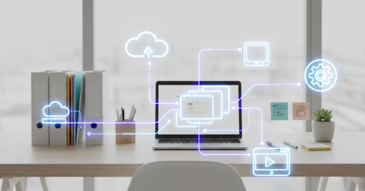 Clean desk with laptop, organized files, sticky notes, and icons for cloud storage and software, illustrating organized tech workflow.