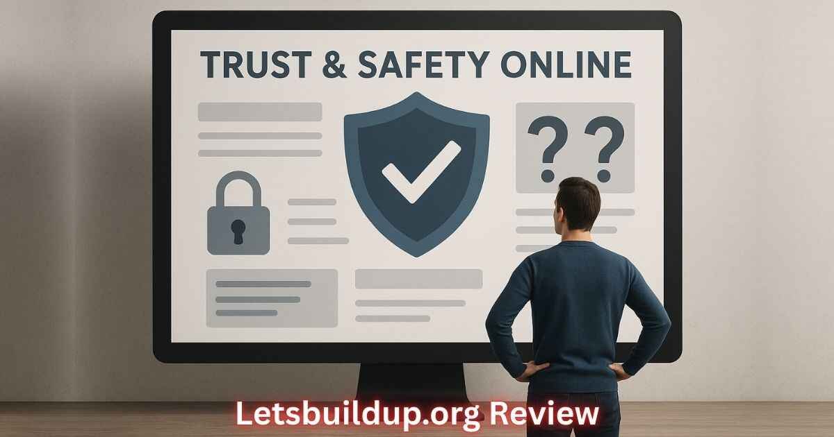 letsbuildup.org trust and safety online with website screen, shield, padlock, and question marks.