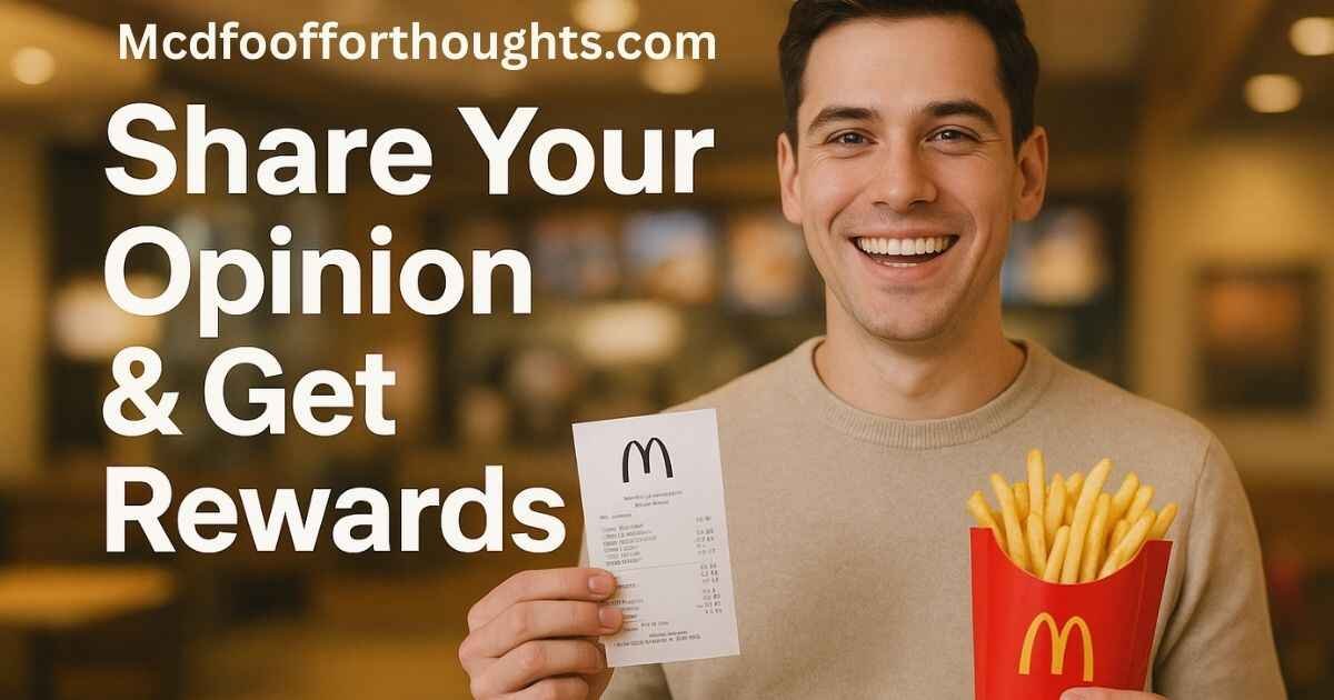 Smiling person inside a McDonald’s holding a receipt and a food reward with text Mcdfoofforthoughts.com, and text share your opinion and get rewards