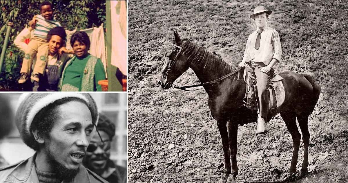 Bob Marley father Norval Sinclair Marley is sitting on hosre, and Bob Marley with his mom.