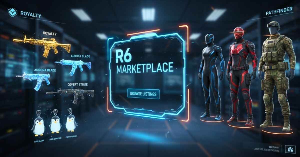 R6 Marketplace in Rainbow Six Siege showing rare skins, charms, and operator outfits for safe trading.