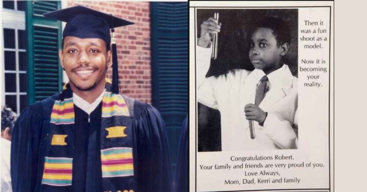 split image of RObert DeShaun Peace, left side Robert standing in Yale university and in right side Robert peace in young age holding medle in hand.