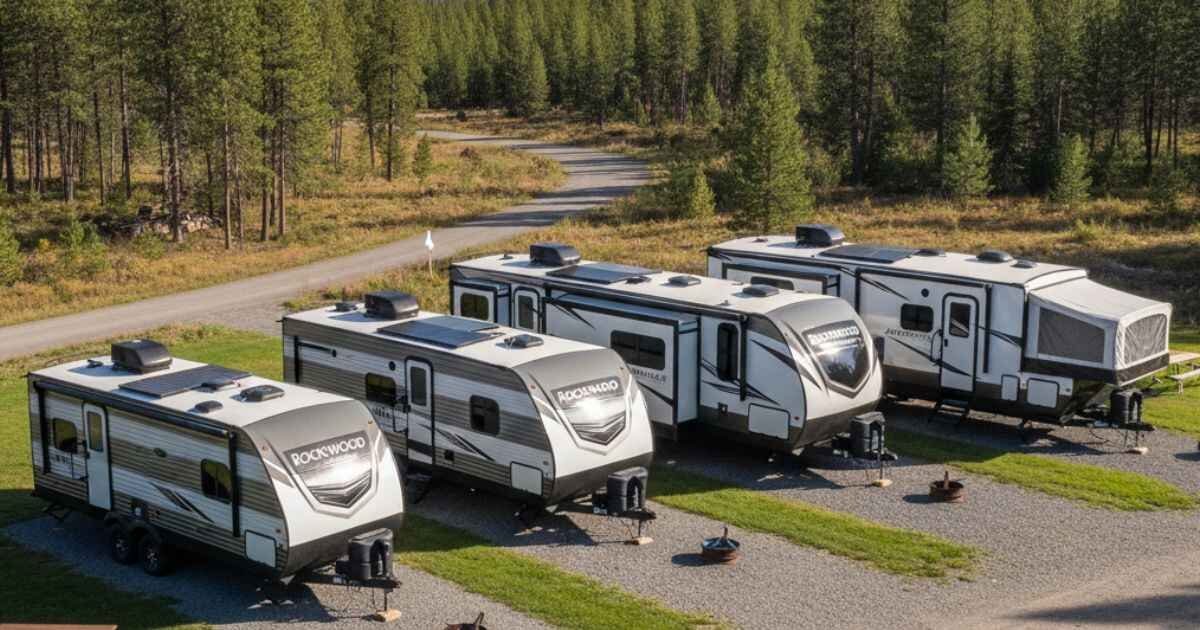 Rockwood Travel Trailers lineup showing Mini Lite, Ultra Lite, Signature, Geo Pro, and Roo Pop-Up models with slide-outs and solar panels.