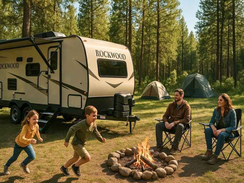 Rockwood Travel Trailers: Hidden Truths, Pros, Cons & Tips 2 Family camping with Rockwood Travel Trailers in a forest, showing trailer features and outdoor setup.