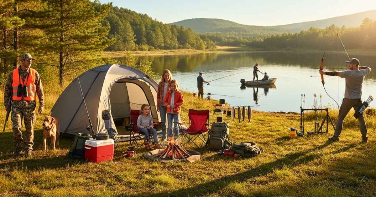 Rogers Sporting Goods wide feature image showing hunting, fishing, camping, and archery activities outdoors.