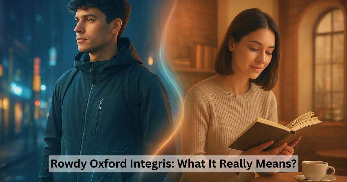 Rowdy Oxford Integris split-scene: tech-savvy fashion on left, cozy lifestyle on right, blending boldness and tradition.