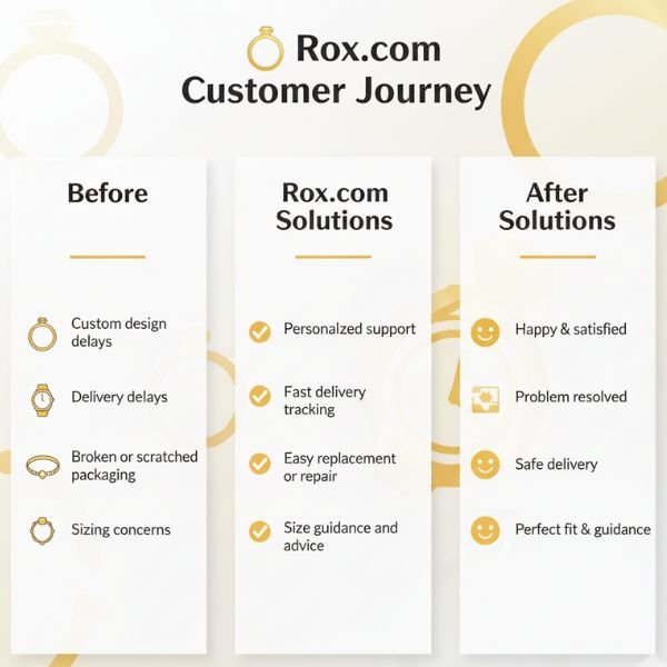 Give Me Customer Stories for Rox.com – Real Reviews & Truth 2 Infographic detailing the Rox.com Customer Journey, showing common jewelry purchasing problems, Rox.com's solutions, and positive customer outcomes.