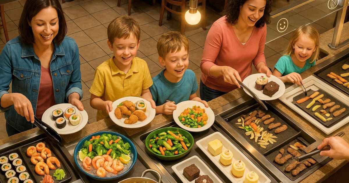 Royal Buffet and Grill wide feature image showing a family-friendly buffet with sushi, seafood, desserts, and hibachi grill.