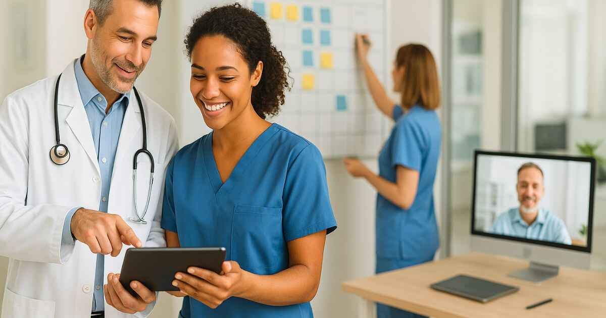 Healthcare staff working together to solve staffing crisis