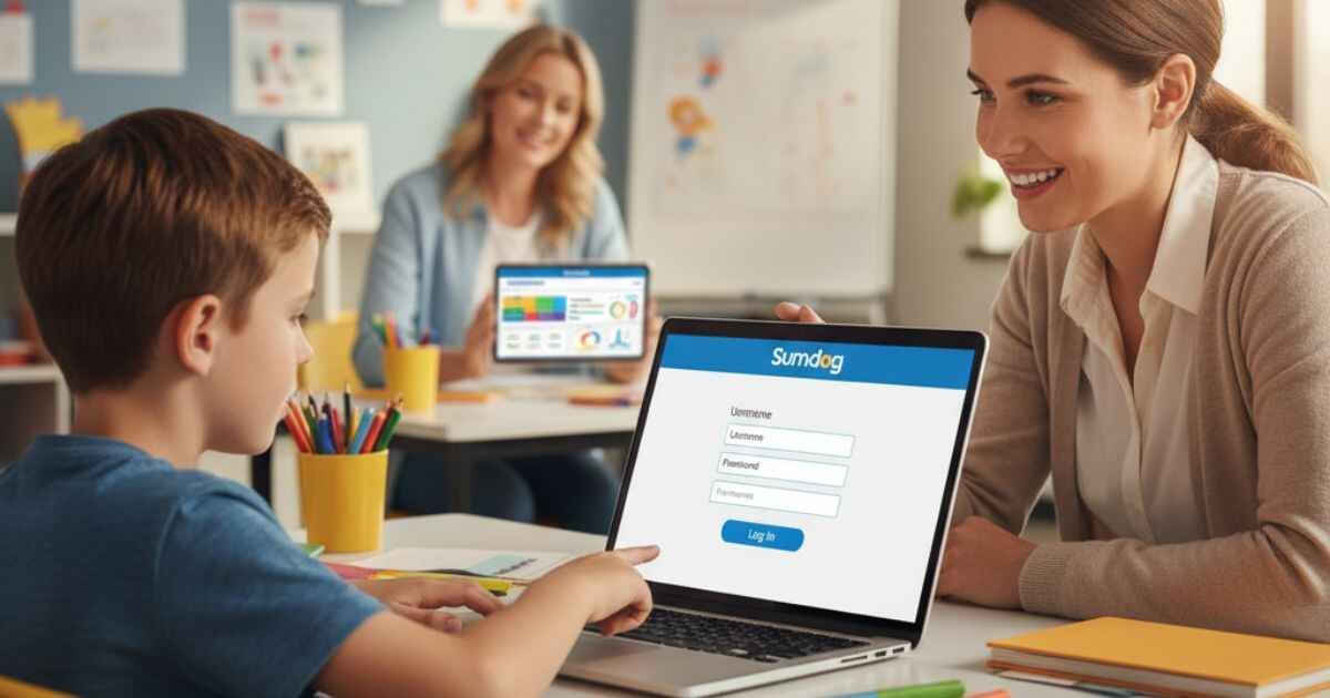 Child using Sumdog login on laptop while teacher and parent check progress on devices.