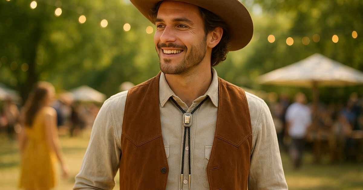 Fashionable modern cowboy wearing sweat resistant bolo ties at outdoor summer event.