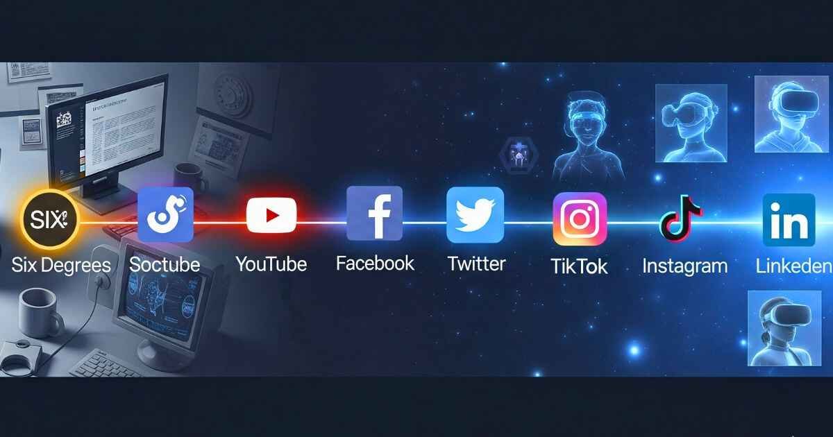 Wide feature image of social media evolution from early platforms to the metaverse