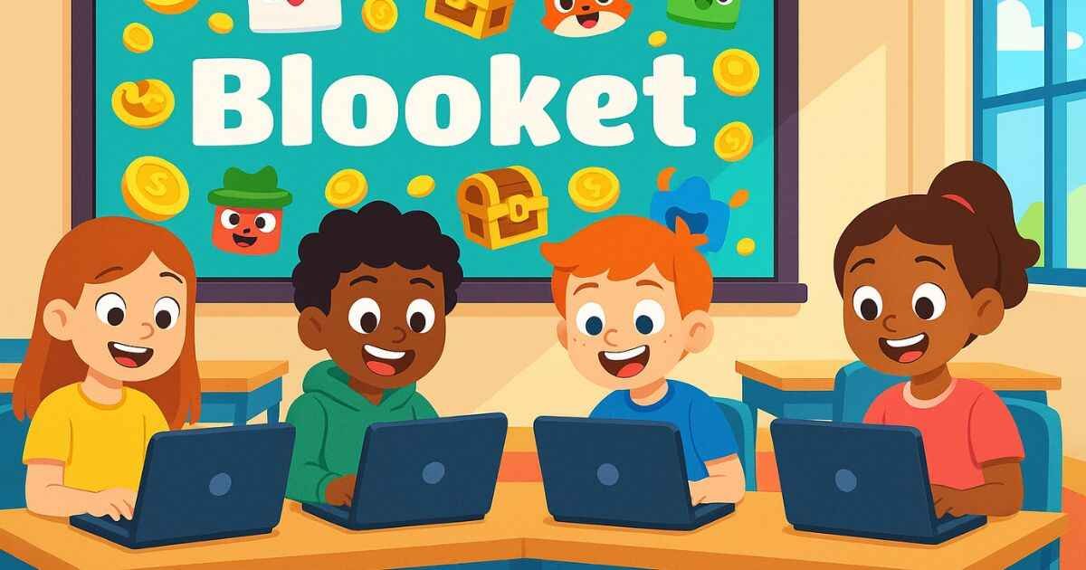 Digital illustration showing Students enjoying Blooket Play in a classroom setting with laptops and colorful game icons.”
