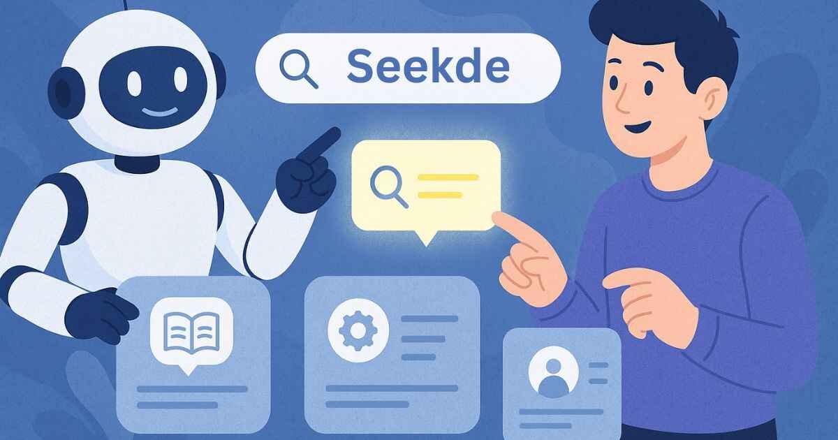 Seekde AI-powered search illustration showing a friendly robot guiding a user to answers with learning, project, and professional icons.