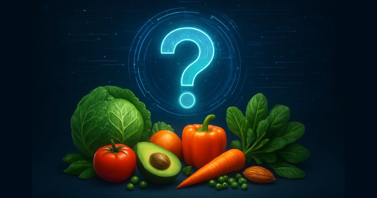 Veganovies com holographic illustration of fresh vegetables and fruits with glowing question mark symbolizing mystery in vegan lifestyle.