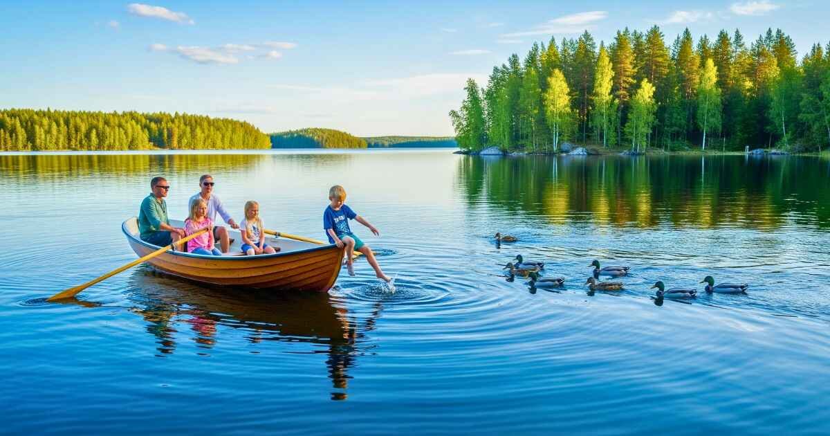 Veneajelu – family enjoying a calm Finnish lake in a wooden rowboat