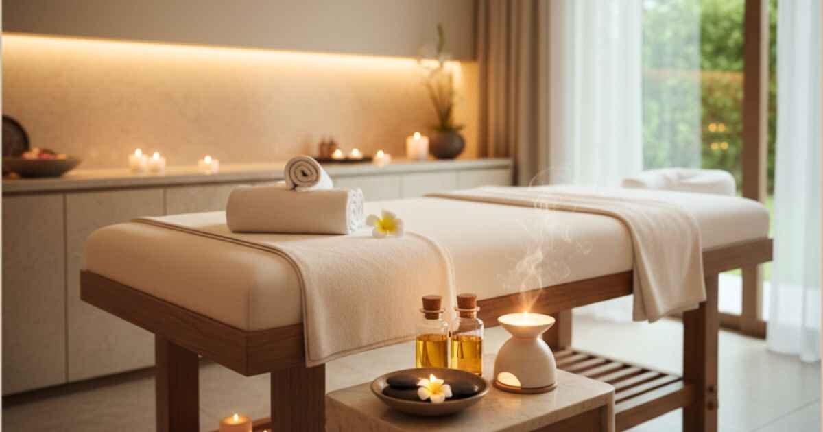 Woodhouse Day Spa luxury massage room showcasing tranquil spa ambiance and self-care services