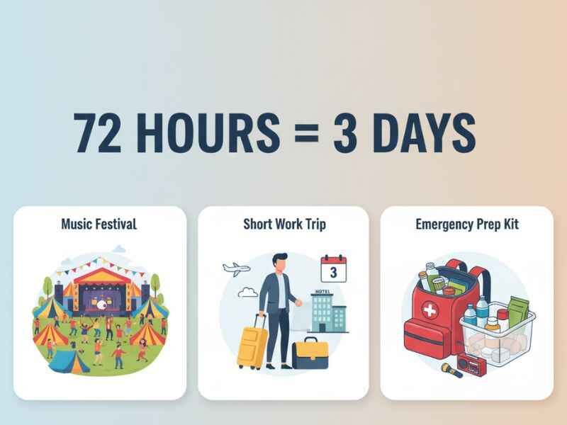 How Long is 72 Hours? Easy Conversion to Days, Minutes & More 2 Wide feature image showing real-life examples of how long is 72 hours including a festival, work trip, and survival kit.
