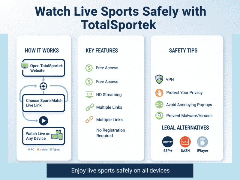 Is TotalSportek Safe? Free Sports Streaming You Need to Know 2 Infographic showing TotalSportek workflow, features, and safety tips for watching live sports