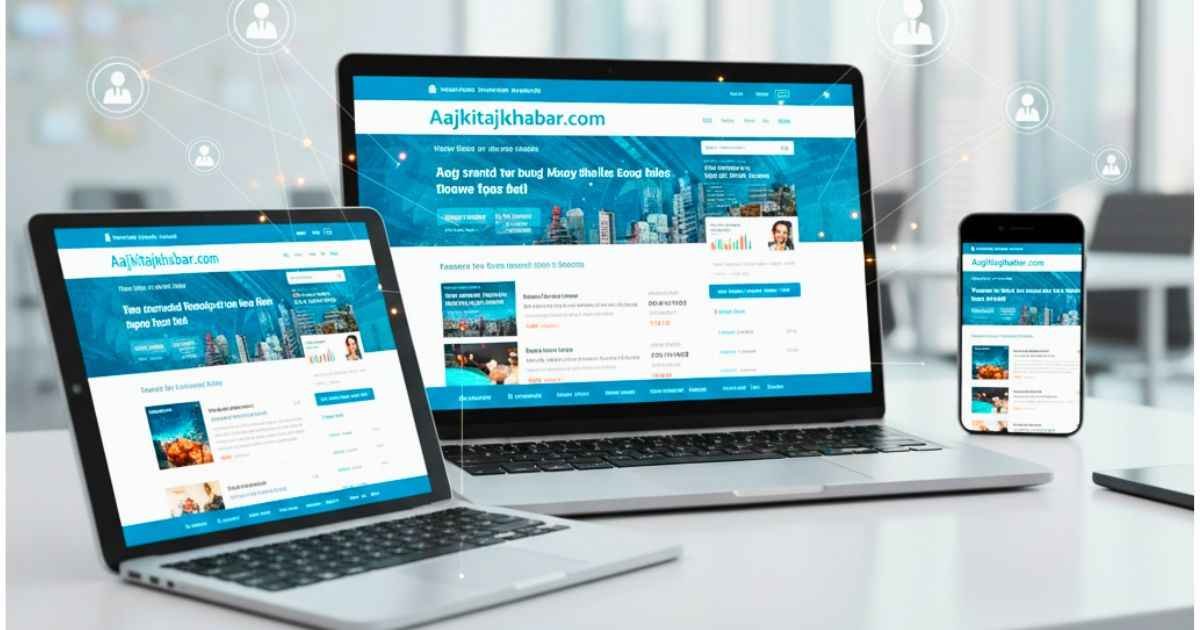 Aajkitajikhabar.com Business: Hidden Risks, Rewards and Tips 1 Wide realistic illustration of Aajkitajikhabar.com Business online news platform on laptop, tablet, and smartphone with global audience and growth indicators