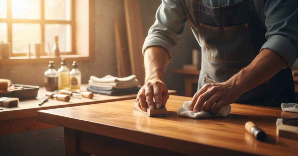 Acamento in action: person finishing a wooden table with sandpaper and polish, showing careful final touches for a neat, strong, and beautiful result.