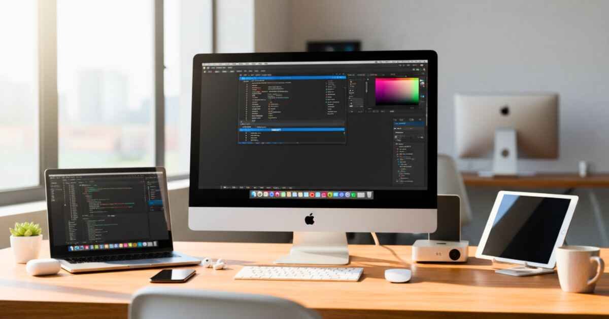 Creative professional studio setup with Mac računala including MacBook Pro, Mac Studio, and iMac used for video and design work.