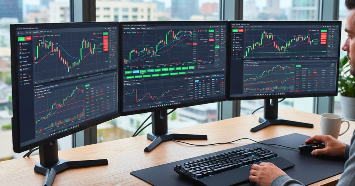 Different Forex Brokers: What You Should Know 1 A modern trading desk with multiple screens displaying different forex platforms and currency charts, highlighting comparison and decision-making for choosing the right forex broker.