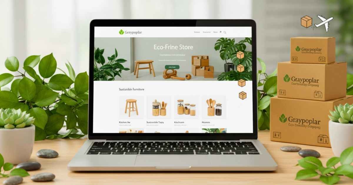 Dropshipping Graypoplar: Hidden Risks, Safety & Honest Tips 15 Eco-friendly online store selling Graypoplar products on laptop, showing dropshipping with sustainable wooden furniture, toys, and kitchen items.
