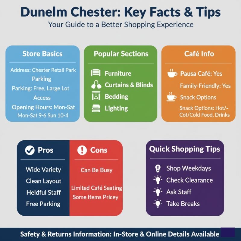 Dunelm Chester Review: Pros, Cons, Hidden Costs & Tips 2 Dunelm Chester store at-a-glance infographic showing store details, popular sections, café info, pros & cons, and shopping tips for visitors.