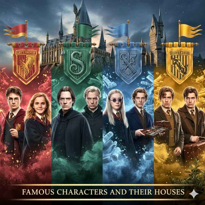 Harry Potter House Quiz: Don’t Take the Wrong Sorting Hat Test! 2 Famous Hogwarts characters from Gryffindor, Slytherin, Ravenclaw, and Hufflepuff standing in front of Hogwarts castle