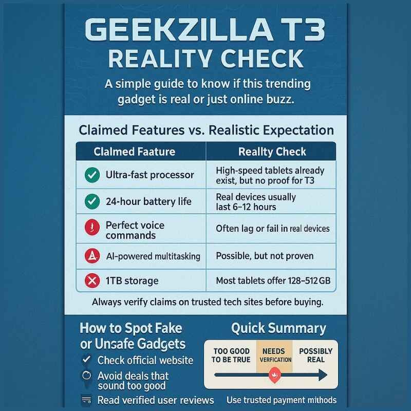 Geekzilla T3 Scam or Smart Gadget? Truth Behind The Viral Tech Hype 2 Infographic titled “Geekzilla T3 Reality Check – Truth vs. Hype,” comparing claimed features vs. real expectations, with tips to spot fake gadgets and a “Needs Verification” verdict.
