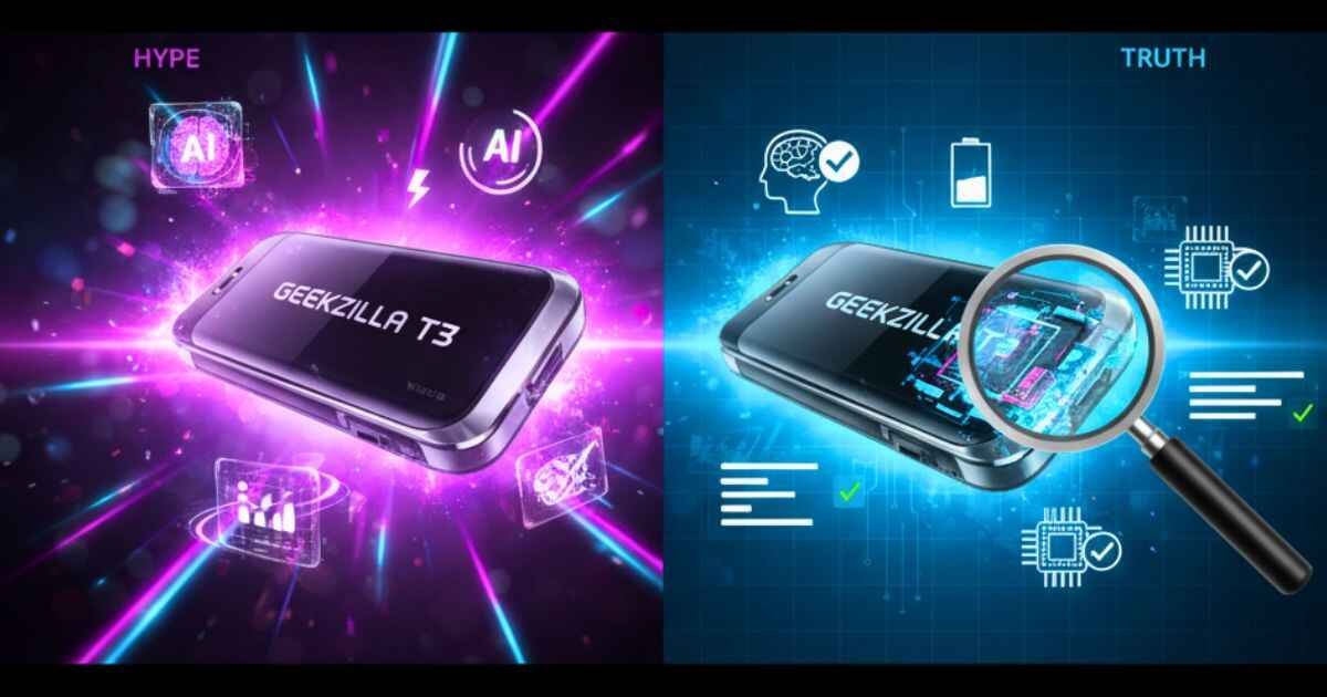Futuristic illustration comparing Geekzilla T3’s hype and truth sides using glowing holographic graphics and verification icons.