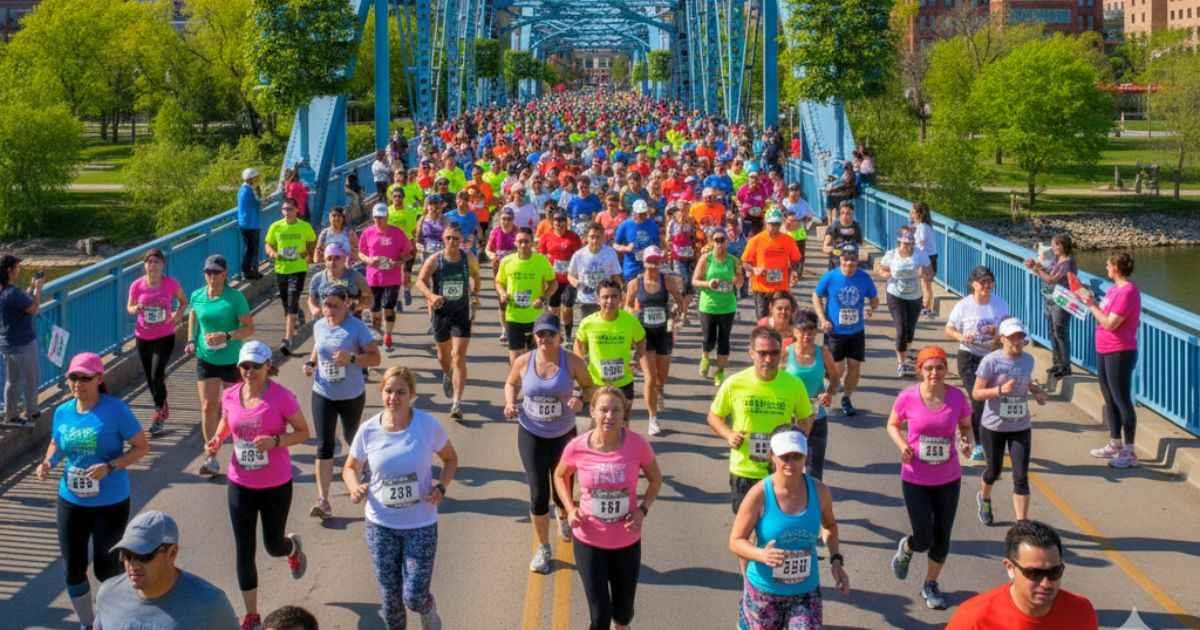 Grand Rapids Marathon 2025: Insider’s Guide for Runners & Spectators 1 Grand Rapids Marathon runners crossing a bridge along the scenic marathon route with cheering spectators and city skyline