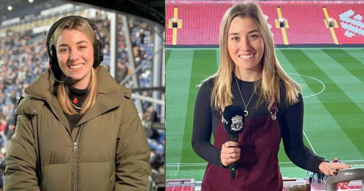 An image where, on one side, Harriet Prior is reporting for Sky Sports on the field, and on the other side, her recent photo while reporting among the crowd.