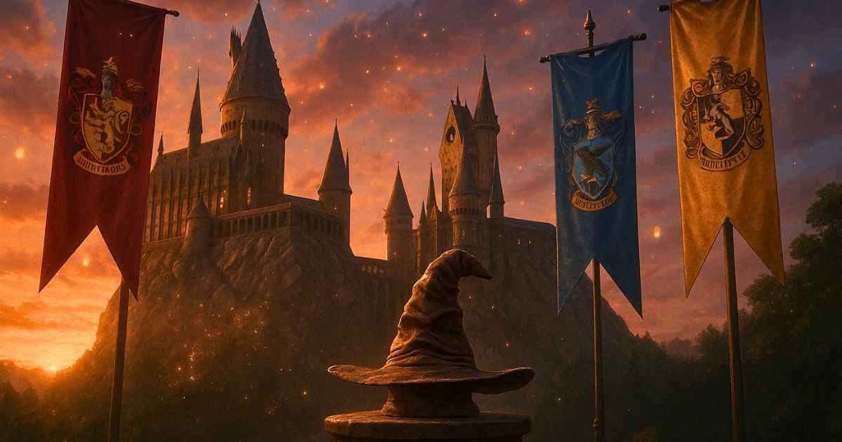 Harry Potter House Quiz: Don’t Take the Wrong Sorting Hat Test! 1 Realistic wide view of Hogwarts castle at sunset with Gryffindor, Slytherin, Ravenclaw, and Hufflepuff banners fluttering, floating lanterns, and the Sorting Hat on a pedestal, symbolizing the Harry Potter House Quiz.