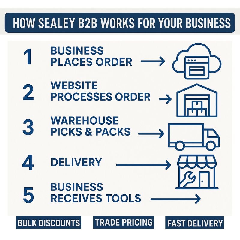 Sealey B2B Exposed: Hidden Fees & Smart Buying Tips 2 Sealey B2B order workflow showing bulk purchase, trade pricing, and delivery to business