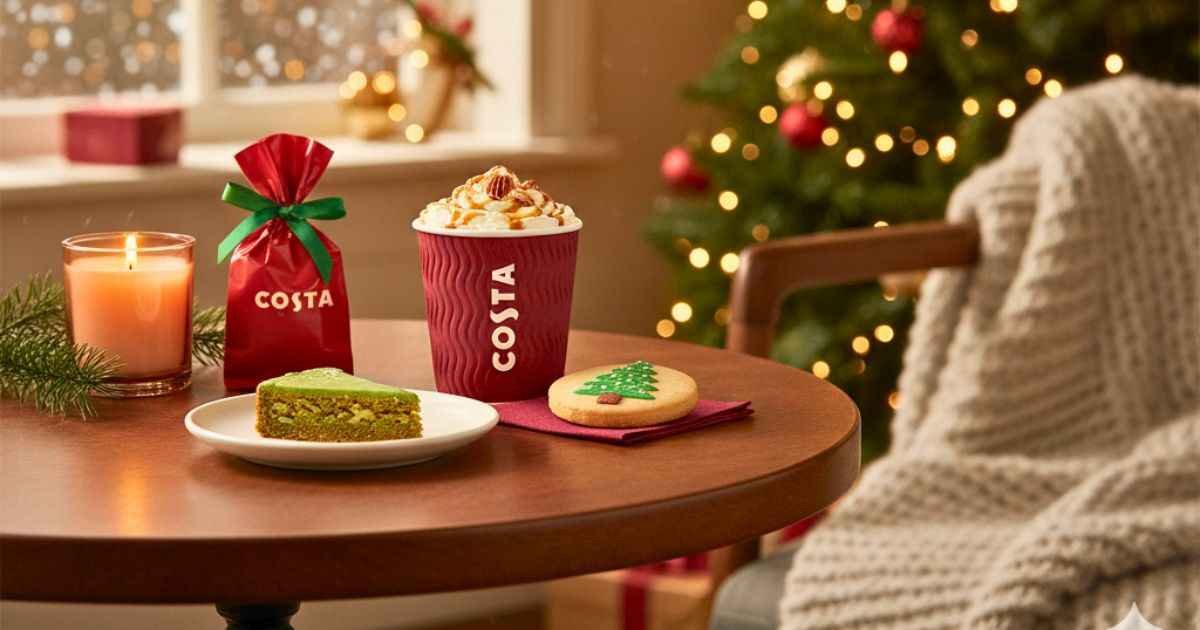 Costa Christmas Menu 2025 featuring Butter Pecan Cookie Latte and Dubai Pistachio Tiffin in a cozy holiday setting