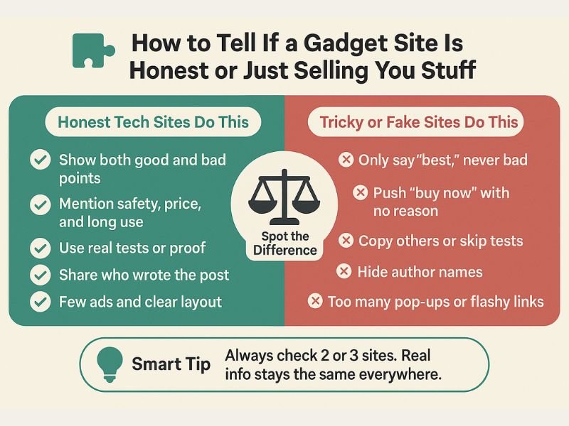 Techinsiderz.com Gadgets: Honest Guide to Trends, Reviews, Risks & Real Value 2 Infographic showing how to identify honest vs fake gadget websites, comparing real reviews, ads, and data safety — related to Techinsiderz.com Gadgets.