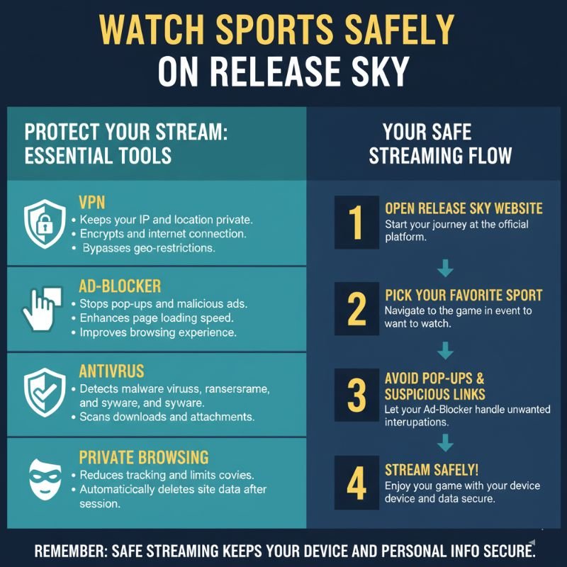 Release Sky Streaming Review: Free Sports or Hidden Dangers? 2 Release Sky safe sports streaming tips showing VPN, ad-blocker, antivirus, and private browsing icons