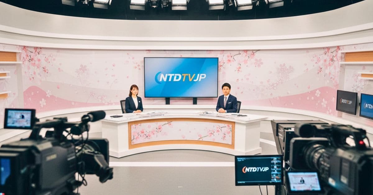 Realistic image of NTDTVJP Japanese news studio with anchors, cameras, and cultural visuals representing independent news.
