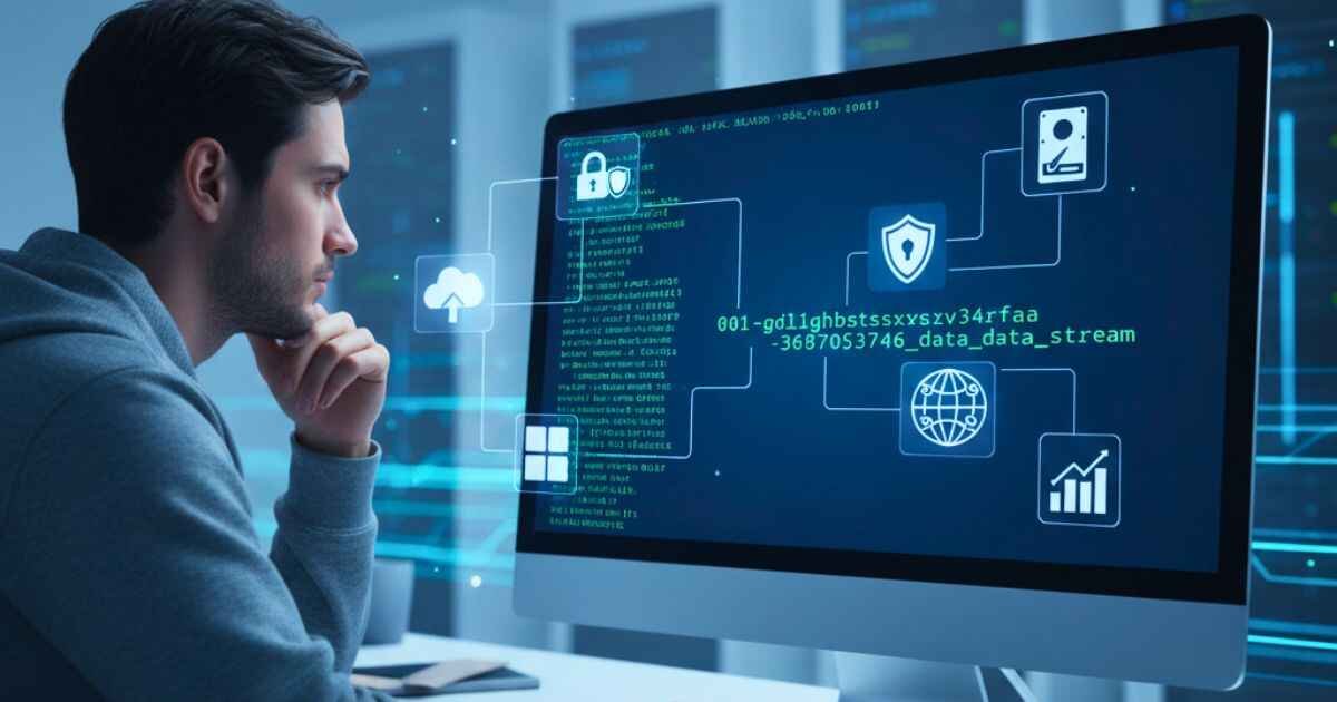 Person examining the code 001-gdl1ghbstssxzv3os4rfaa-3687053746 on a computer screen with cloud, app, and security icons.
