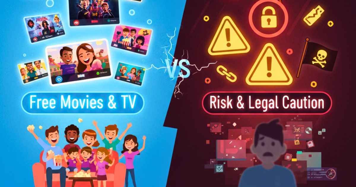 Split-screen showing Doodflix free movies and TV on one side, and legal risk warnings on the other side.