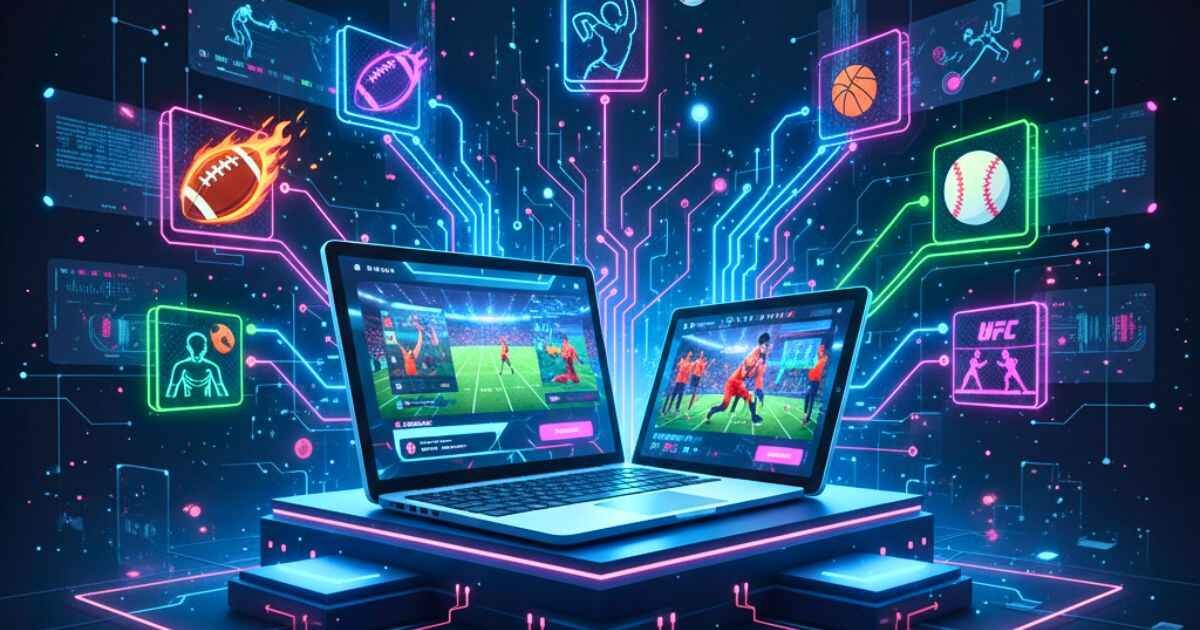 Methatreams online sports hub digital illustration showing free streaming of football, basketball, baseball, and UFC on multiple devices.
