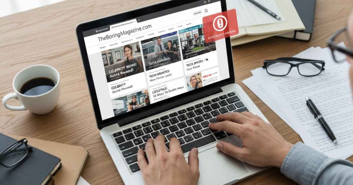 Is TheBoringMagazine com Worth It? Full Safety & Content Review 1 User browsing TheBoringMagazine.com on laptop showing entertainment, tech, and lifestyle articles with subtle safety warning icon.